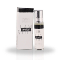 Ana Abiyedh Roll-On Perfume Oil 10ML by Ard Al Zaafaran, featuring a sleek bottle and matching elegant white and black packaging.