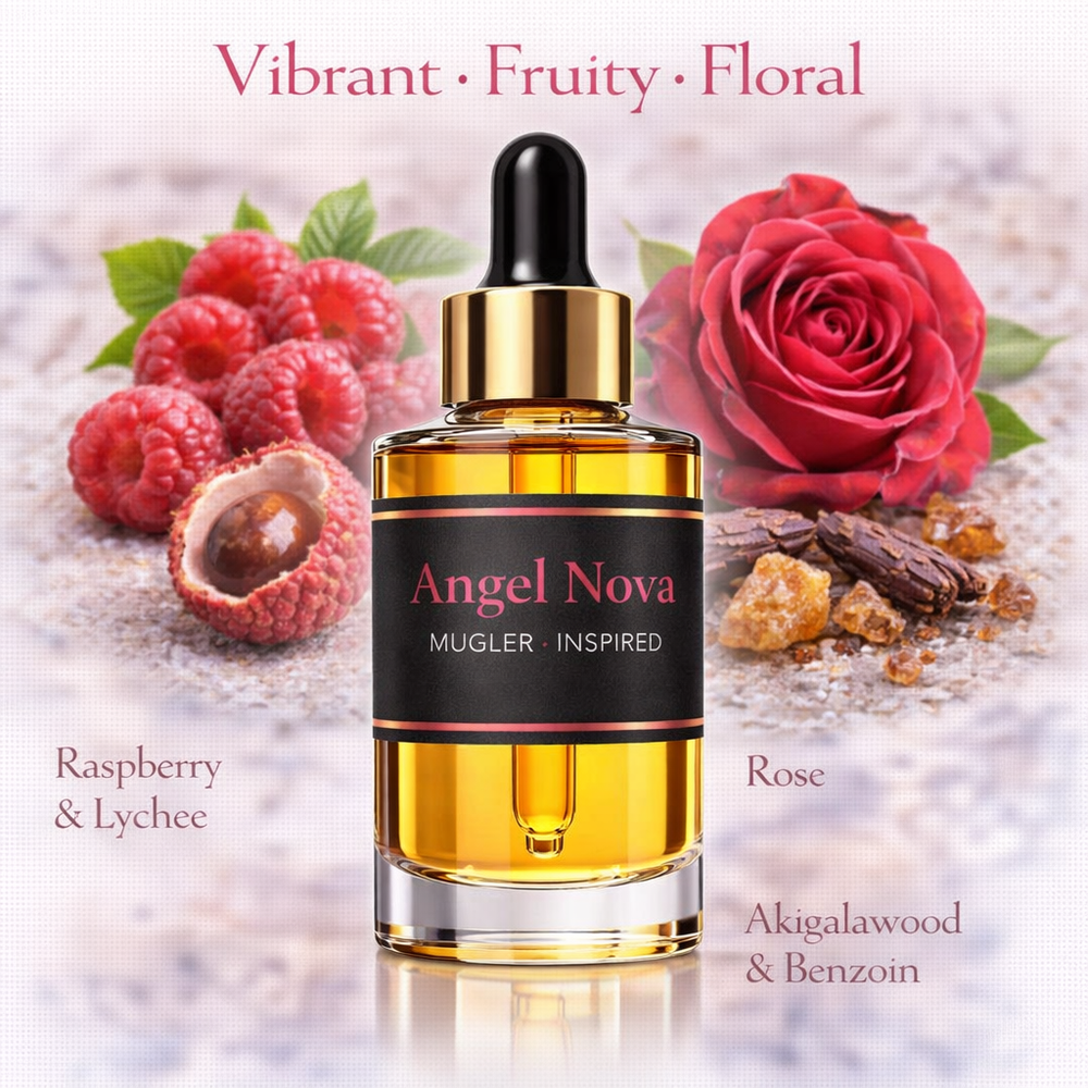 Angel Nova Mugler Inspired fragrance oil – Vibrant Fruity Floral scent with raspberry, lychee, rose and woody notes on white background