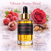 Angel Nova Mugler Inspired fragrance oil – Vibrant Fruity Floral scent with raspberry, lychee, rose and woody notes on white background