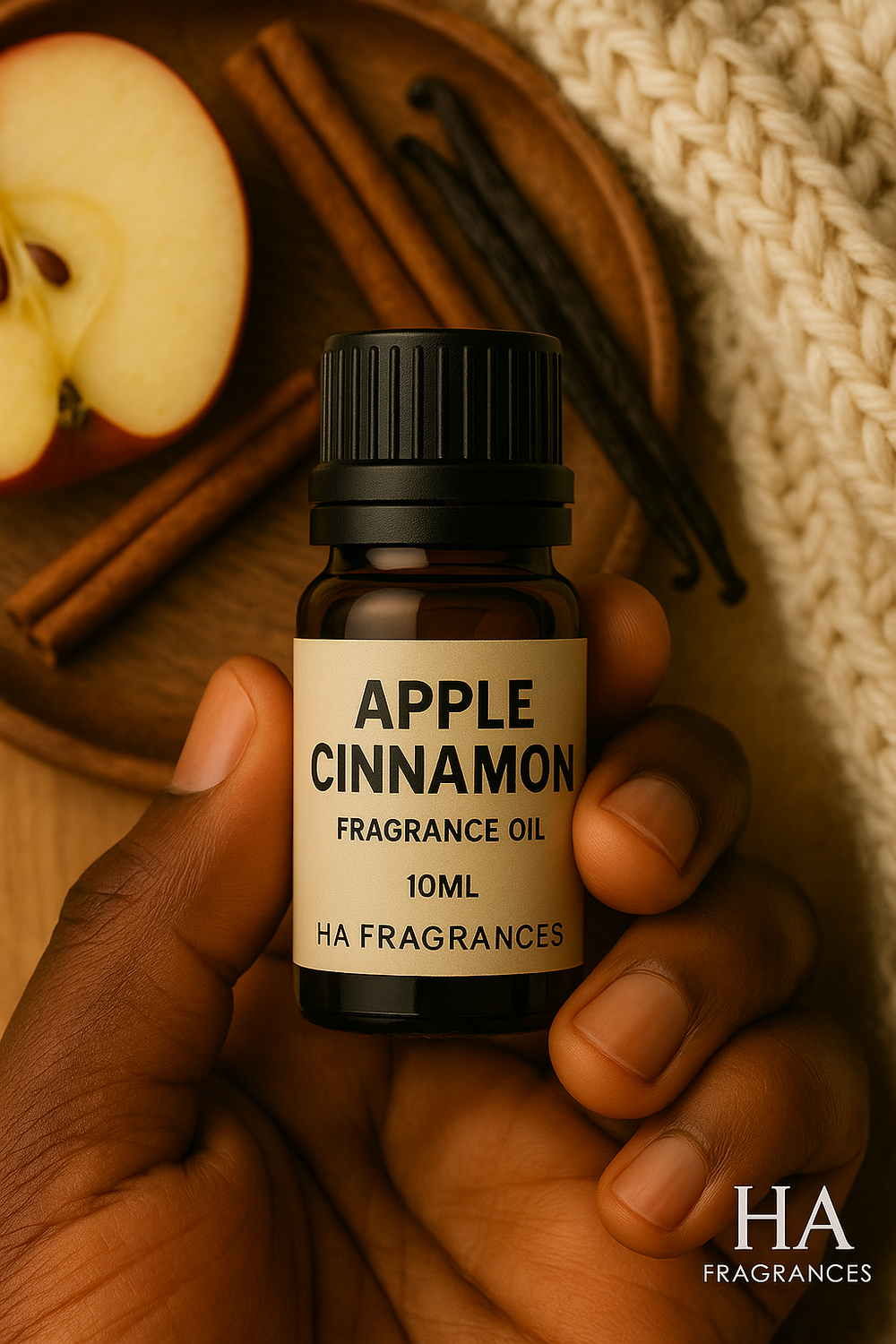 Dark-skinned hand holding HA Fragrances Apple Cinnamon fragrance oil bottle, 10ml size, with cinnamon sticks, vanilla pods, sliced apple, and a knitted blanket in the background – warm, spicy, and cozy autumn-inspired scent.