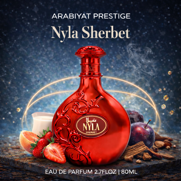 Arabiyat Prestige Nyla Sherbet Eau De Parfum 80ml fragrance bottle with original packaging displayed on clean background, fruity sweet Arabian perfume for women featuring strawberry and gourmand scent profile available at HA Fragrances.