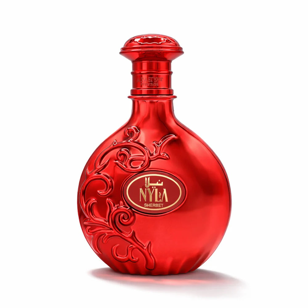Arabiyat Prestige Nyla Sherbet Eau de Parfum red bottle, fruity floral fragrance with sweet strawberry and mandarin notes, luxury women’s perfume with elegant design.