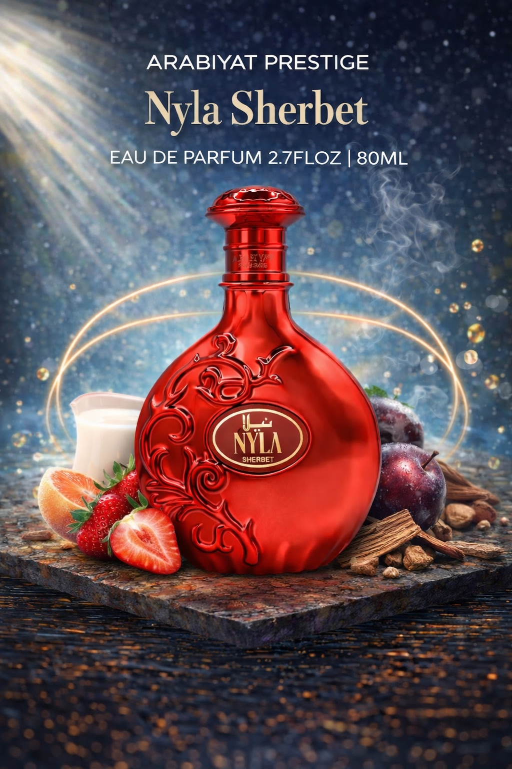 Arabiyat Prestige Nyla Sherbet Eau De Parfum 80ml fragrance bottle featuring a fruity sweet scent with strawberry, mandarin, plum, musk and sandalwood notes, luxury Arabian perfume ideal for everyday wear and special occasions.