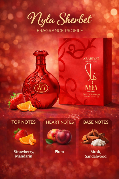 Arabiyat Prestige Nyla Sherbet Eau de Parfum fragrance profile image showing strawberry and mandarin top notes, plum heart notes, and musk sandalwood base notes, luxury red perfume bottle presentation by HA Fragrances.