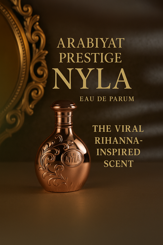 Arabiyat Prestige Nyla Eau de Parfum with golden bottle and viral Rihanna-inspired scent promotion