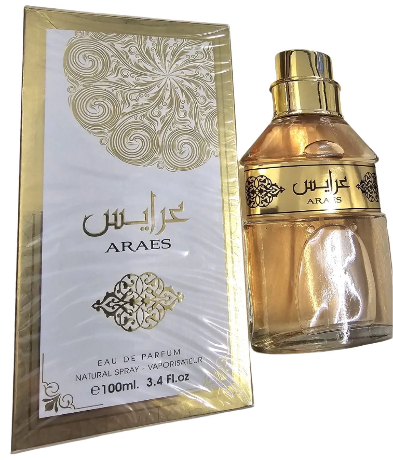 Araes Eau de Parfum by Al Fanoon - 100ml (3.4 fl oz) luxurious fragrance bottle with gold accents and matching elegant packaging.