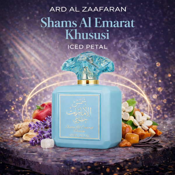 Ard Al Zaafaran Shams Al Emarat Khususi Iced Petal Eau De Parfum 100ml fragrance bottle featuring a fresh sweet floral scent with ginger, lavender, saffron, apple, vanilla, musk and amber notes, long lasting Arabian perfume with soft creamy finish.