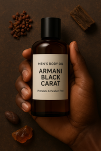 Dark-skinned hand holding HA Fragrances Armani Black Carat Men's Body Oil bottle, with background elements of peppercorn, amber resin, cocoa bean, and wood — luxury woody spicy fragrance for men.
