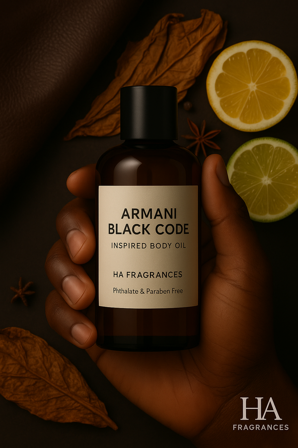 Dark-skinned hand holding HA Fragrances Armani Black Code Inspired Body Oil bottle with slices of lemon and lime, star anise, and dried tobacco leaves in the background – elegant masculine citrus and spicy fragrance visual.