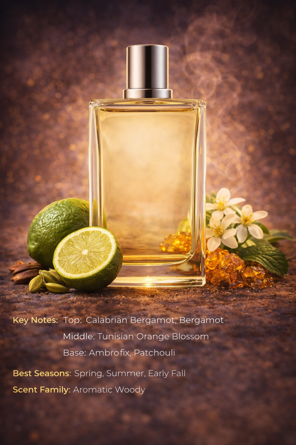 Aromatic woody men’s fragrance featuring bergamot, Tunisian orange blossom, ambrofix and patchouli notes, modern masculine scent image for HA Fragrances.