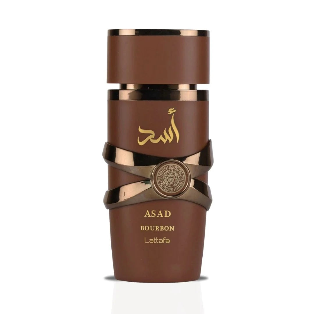 Asad Bourbon Eau de Parfum by Lattafa in a luxurious brown and gold bottle with intricate detailing.