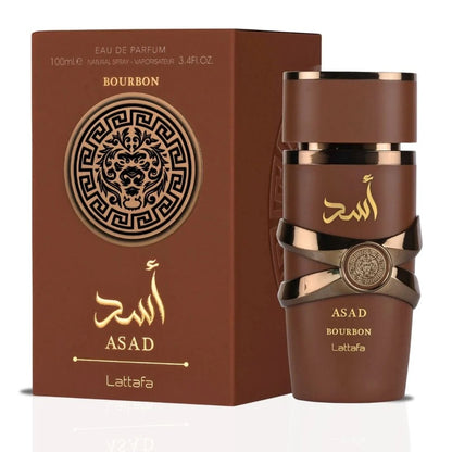 Asad Bourbon Eau de Parfum by Lattafa, featuring the elegant brown and gold bottle alongside its matching box with a lion-inspired design.