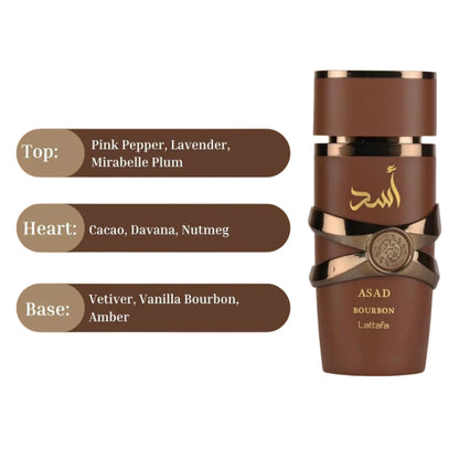 Asad Bourbon by Lattafa fragrance notes breakdown: top notes of pink pepper, lavender, and Mirabelle plum; heart notes of cacao, davana, and nutmeg; base notes of vetiver, vanilla bourbon, and amber.