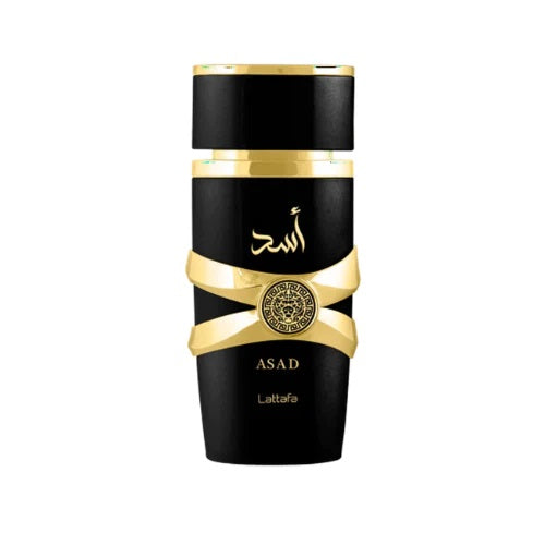 Lattafa Asad Eau de Parfum, 100ml bottle featuring a bold black design with gold accents, embodying elegance and sophistication.