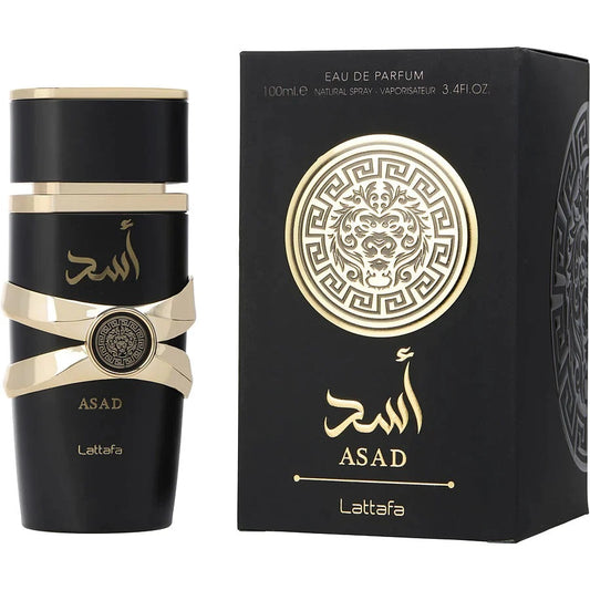 Lattafa Asad Eau de Parfum, 100ml bottle with a sleek black and gold design, displayed alongside its matching luxurious black box with intricate gold details.