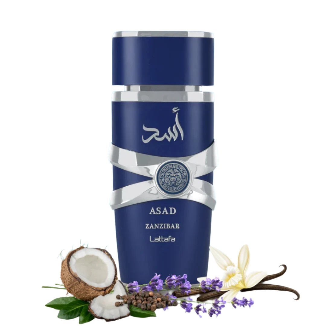 Lattafa Asad Zanzibar Eau de Parfum, 100ML bottle in a sleek blue design, surrounded by coconut, lavender, vanilla, and black pepper elements representing its key fragrance notes.