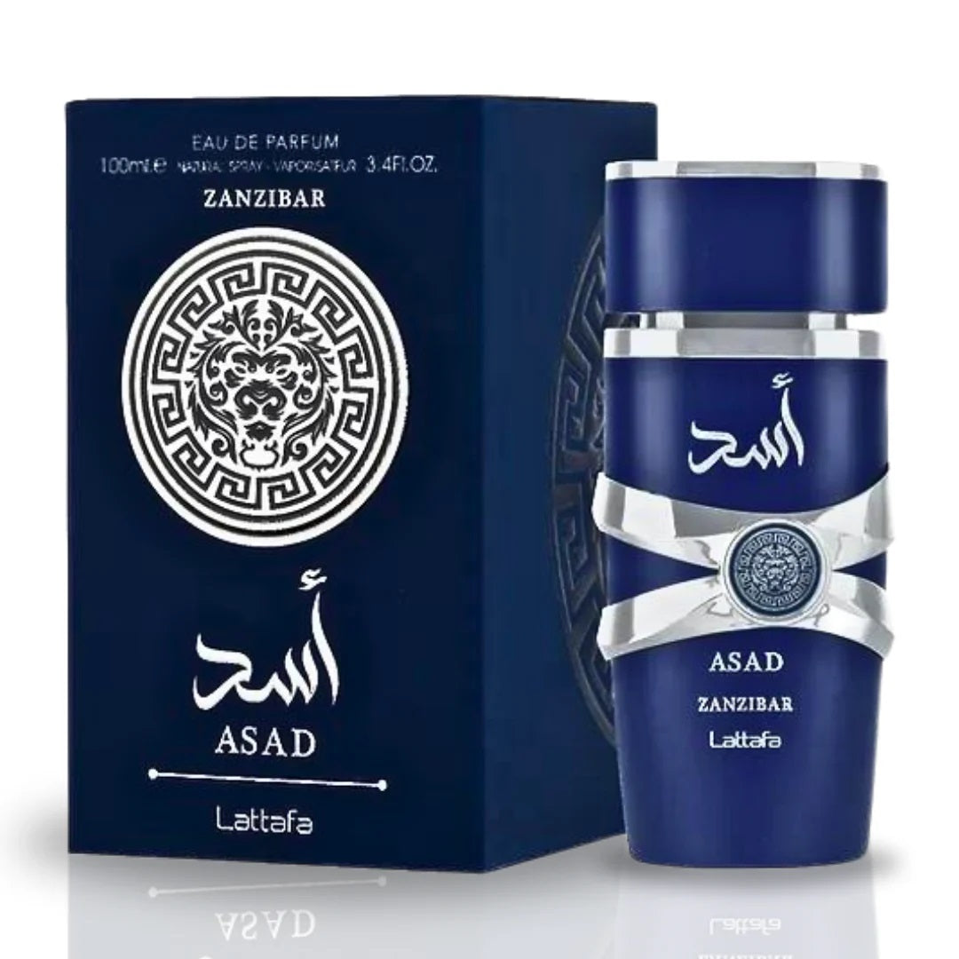 Lattafa Asad Zanzibar Eau de Parfum, 100ML bottle with a bold blue design, displayed next to its matching luxurious box featuring intricate patterns and branding.