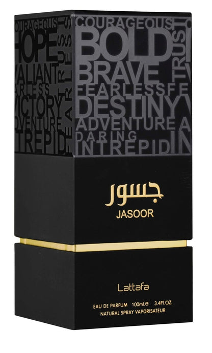 Jasoor by Lattafa Eau de Parfum 100ml packaging, featuring bold typography and a sleek black and gold design