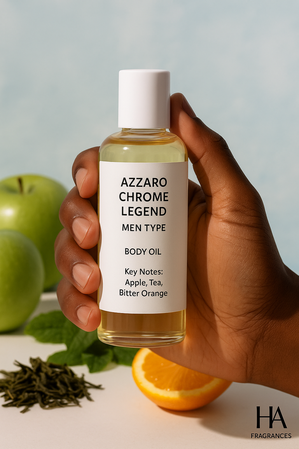 Hand holding a bottle of Azzaro Chrome Legend body oil with green apples and an orange in the background.