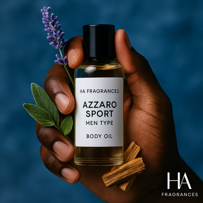 Hand holding a bottle of Azzaro Sport body oil with lavender and cinnamon sticks on a blue background