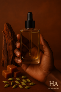 Azzaro The Most Wanted Type Body Oil held by a dark-skinned hand with cardamom pods, caramel toffee, and amberwood in the background – HA Fragrances
