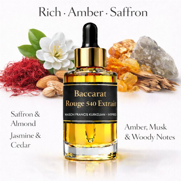 Baccarat Rouge 540 Extrait MFK Inspired fragrance oil – Rich Amber Saffron scent with saffron, jasmine, cedar and amber notes on white background