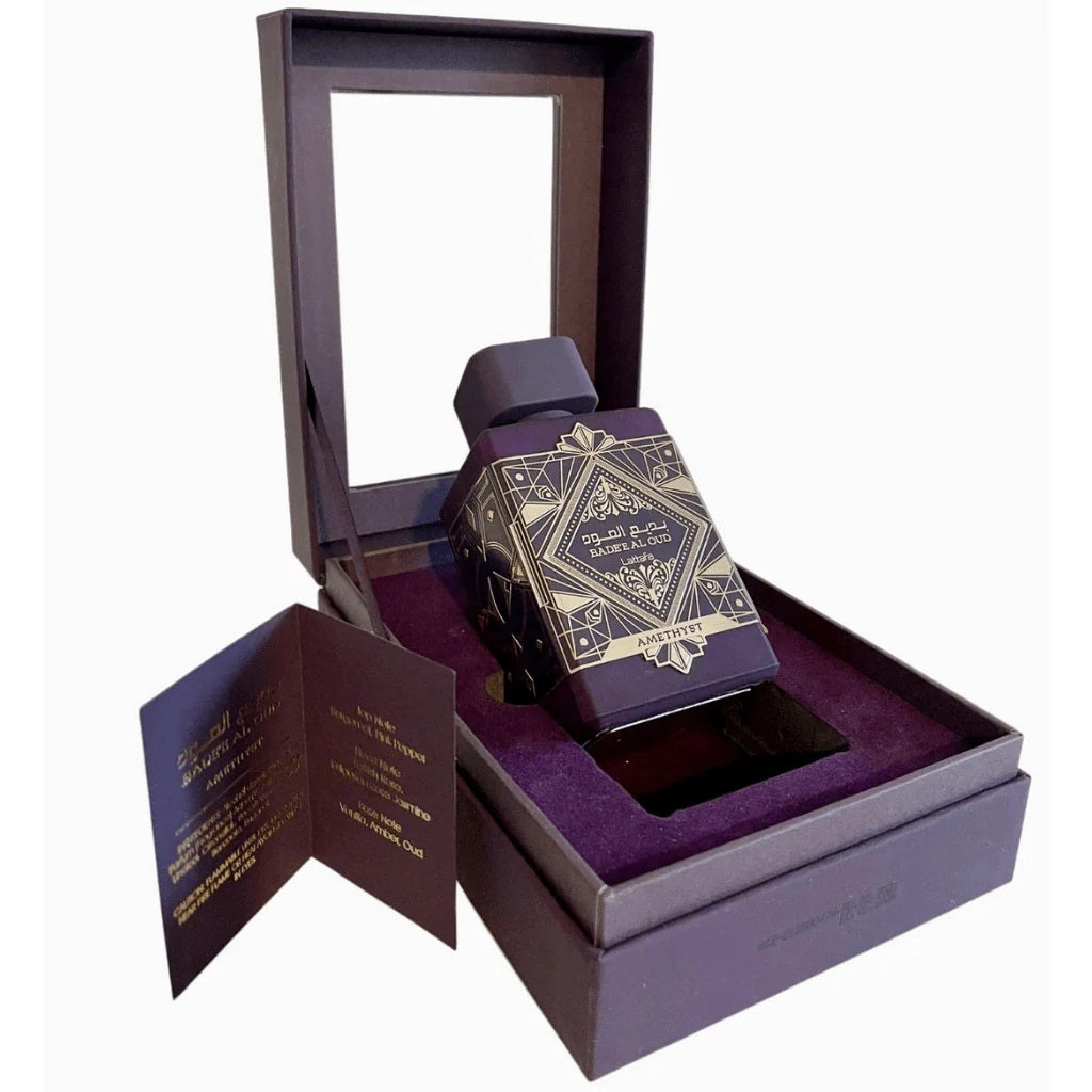 Badee Al Oud Amethyst by Lattafa - Luxurious unisex Eau de Parfum bottle displayed in an elegant purple and gold presentation box.