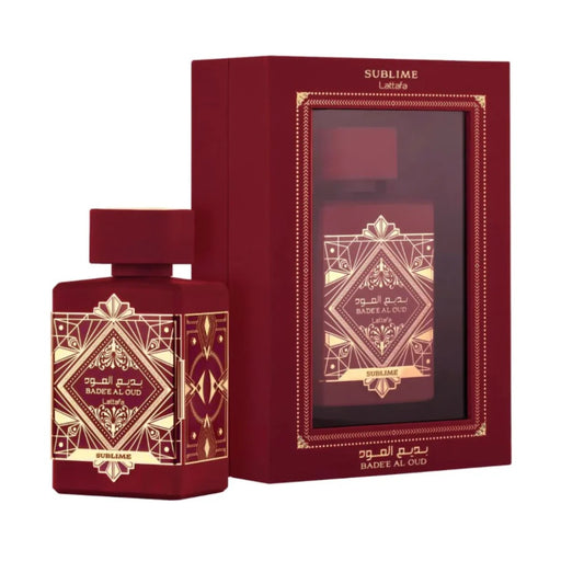 Bade’e Al Oud Sublime Eau De Parfum by Lattafa, showcasing a luxurious red bottle with intricate gold patterns and matching red and gold packaging.