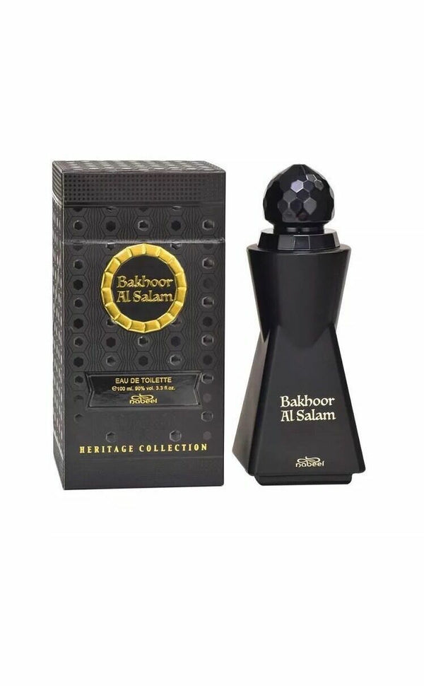 Bakhoor Al Salam Heritage Collection perfume by Nabeel, showcasing the luxurious black and gold box alongside the sleek black bottle.