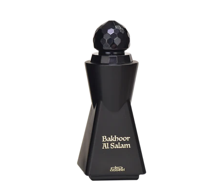 Bakhoor Al Salam perfume bottle from Nabeel Heritage Collection, featuring an elegant black design with gold accents.