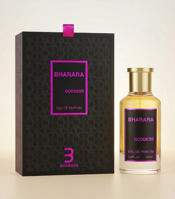 Bharara Beauty Goddess Eau De Parfum 3.4oz with black luxury box and gold bottle featuring pink label accents.