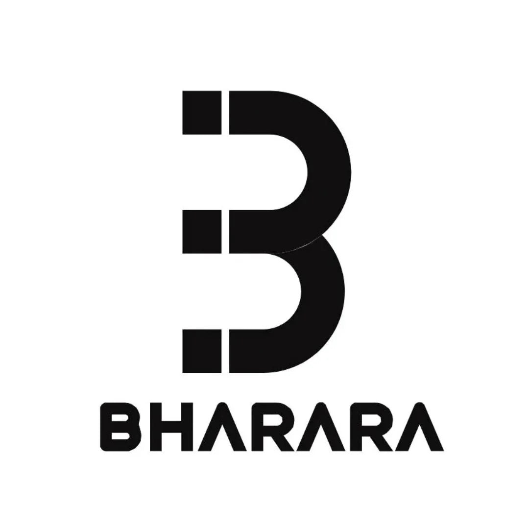 Bharara Beauty logo in black and white, showcasing a modern and sleek design with the letter "B."