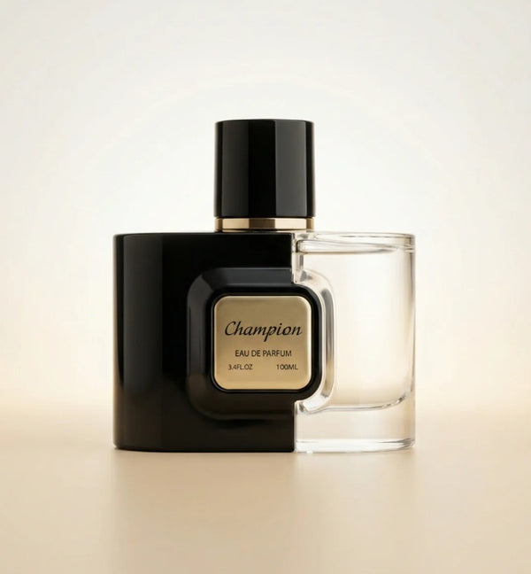 Bharara Beauty Mast Champion Eau De Parfum 3.4oz black and clear glass bottle with gold label front view.