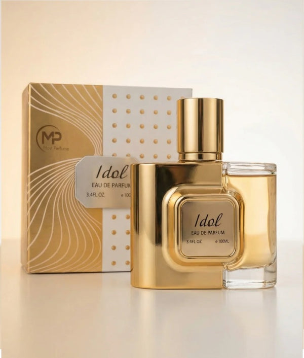 Bharara Beauty Mast Idol Eau De Parfum 3.4oz gold bottle with matching luxury box packaging displayed on neutral background.