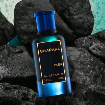  Bharara Bleu Eau De Parfum 100ML bottle on black rocks with water splash background – bold citrus fragrance for men.