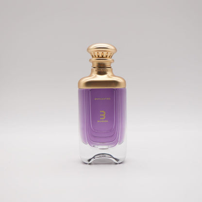 Bharara Enchanted 3.4 oz Eau De Parfum bottle – elegant unisex fragrance with purple liquid and gold cap.