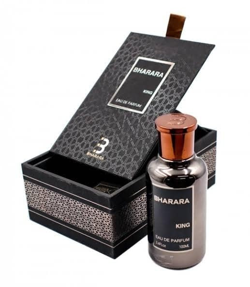 Bharara King men's fragrance bottle in a luxurious open box with intricate patterns and elegant design.