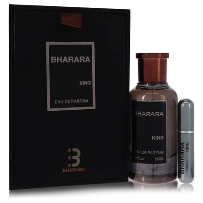 Bharara King fragrance set, including a 3.4 oz bottle of men's perfume and a sleek travel spray in a premium black box.