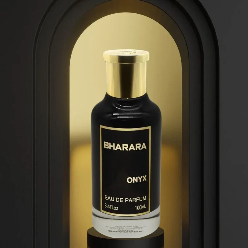 Elegant black and gold Bharara Onyx perfume bottle on luxury spotlight display – Eau De Parfum for men, 100ML.
