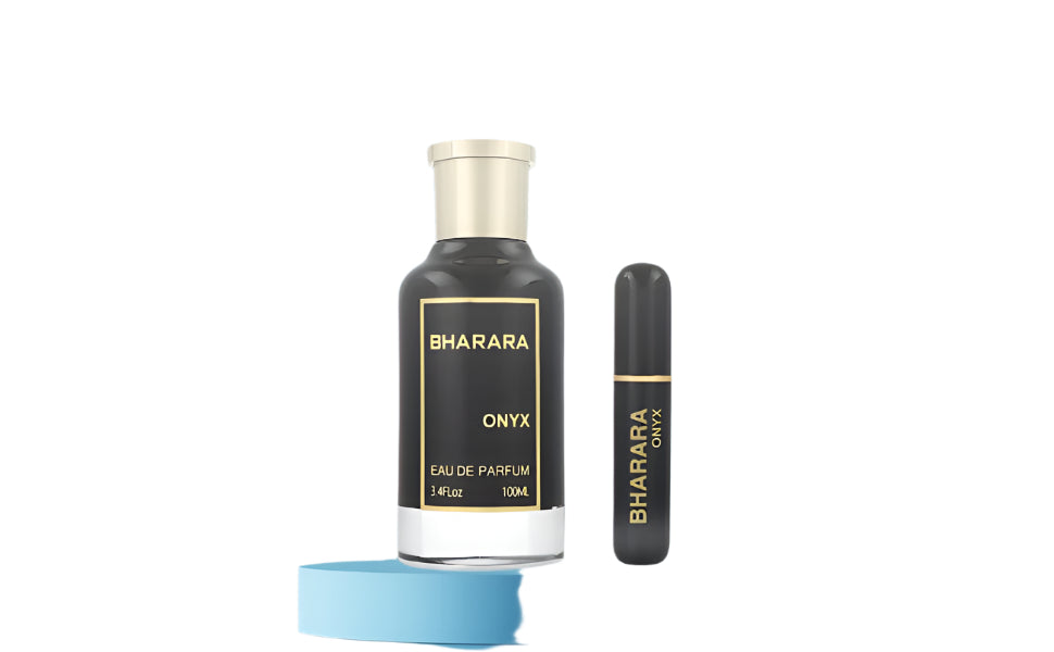 Bharara Onyx Eau de Parfum 100ml bottle and travel spray displayed on a modern blue background, showcasing a timeless and sophisticated design.