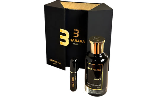 Bharara Onyx fragrance set, featuring a luxurious 100ml bottle and travel spray in a sleek black and gold packaging, designed for elegance and boldness.