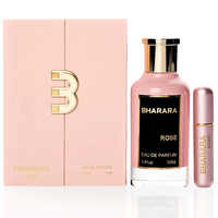 Bharara Rose perfume gift set featuring a 100ML Eau de Parfum bottle, matching travel spray, and elegant blush pink box with gold detailing.