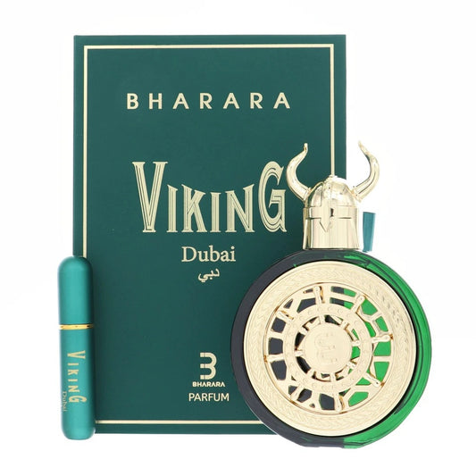 Bharara Viking Dubai Eau De Parfum 100ML with green gift box and travel spray – luxury fragrance set for men.