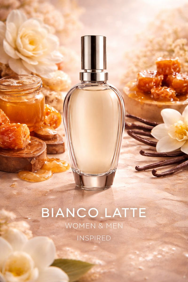 Bianco Latte women and men inspired fragrance oil displayed with caramel, honey, vanilla pods, and soft creamy gourmand accents in a warm luxury setting