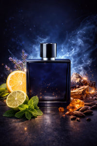 Black perfume bottle with citrus fruits and spices on a dark background