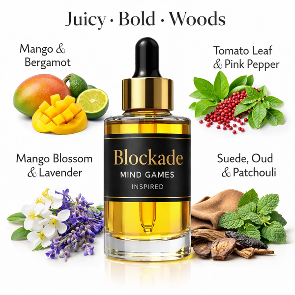 Blockade Mind Games Inspired fragrance oil – Juicy Bold Woods scent with mango, bergamot, oud and patchouli on white background