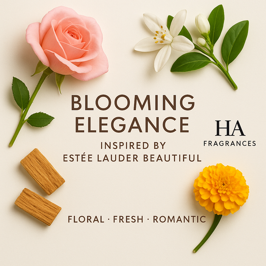 Blooming Elegance, an Inspired by Estee Lauder Beautiful perfume oil by HA Fragrances, surrounded by rose, jasmine, marigold, orange blossom, and sandalwood note props on a clean background.