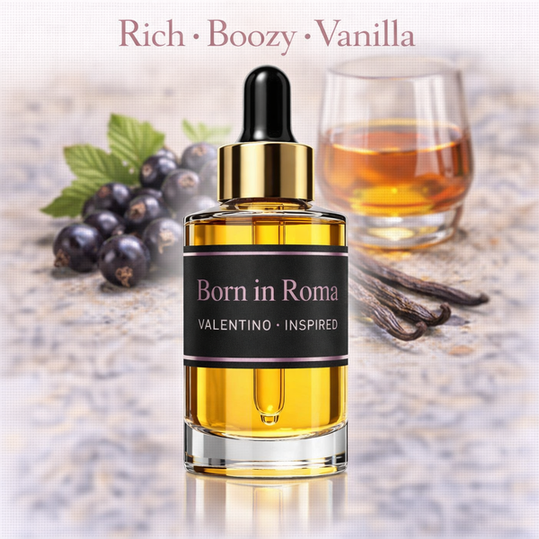 Born In Roma Extradose Donna Valentino Inspired fragrance oil – Rich Boozy Vanilla scent with blackcurrant, rum and creamy vanilla on white background