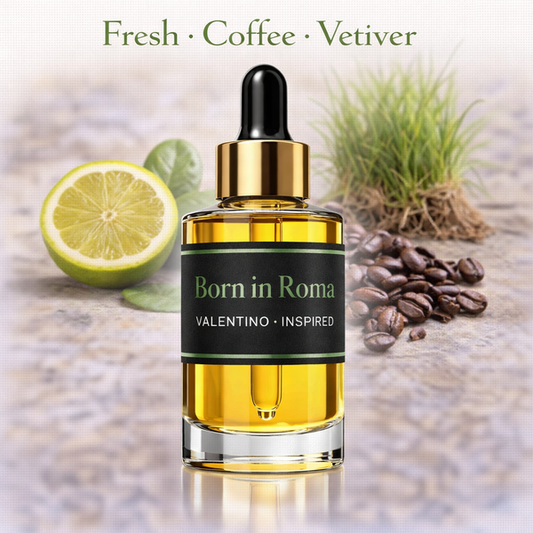 Born In Roma Green Stravaganza Men Valentino Inspired fragrance oil – Fresh Coffee Vetiver scent with bergamot, coffee and vetiver on white background