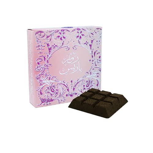 Bukhoor Rose Paris by Ard Al Zaafaran, a premium Arabian incense with floral rose and oud fragrance, displayed in elegant pink packaging with shaped incense pieces.